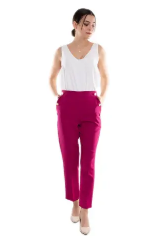 70503 Elastic Waist Gold Buttoned Crepe Women's Trousers-FUCHSIA 
