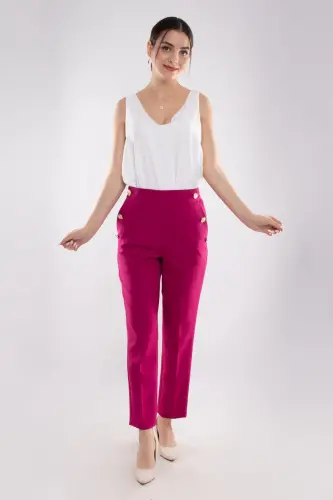 70503 Elastic Waist Gold Buttoned Crepe Women's Trousers-FUCHSIA - AYHAN (1)