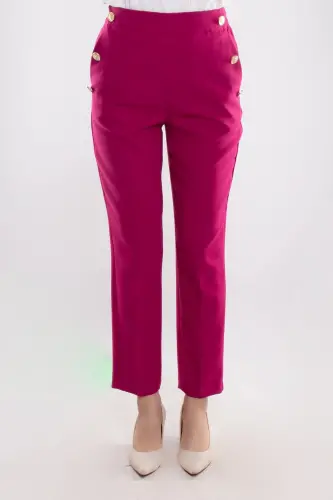 70503 Elastic Waist Gold Buttoned Crepe Women's Trousers-FUCHSIA - 3