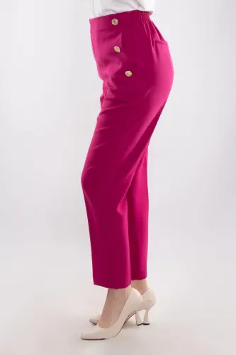 70503 Elastic Waist Gold Buttoned Crepe Women's Trousers-FUCHSIA - 4
