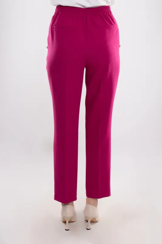 70503 Elastic Waist Gold Buttoned Crepe Women's Trousers-FUCHSIA - 5