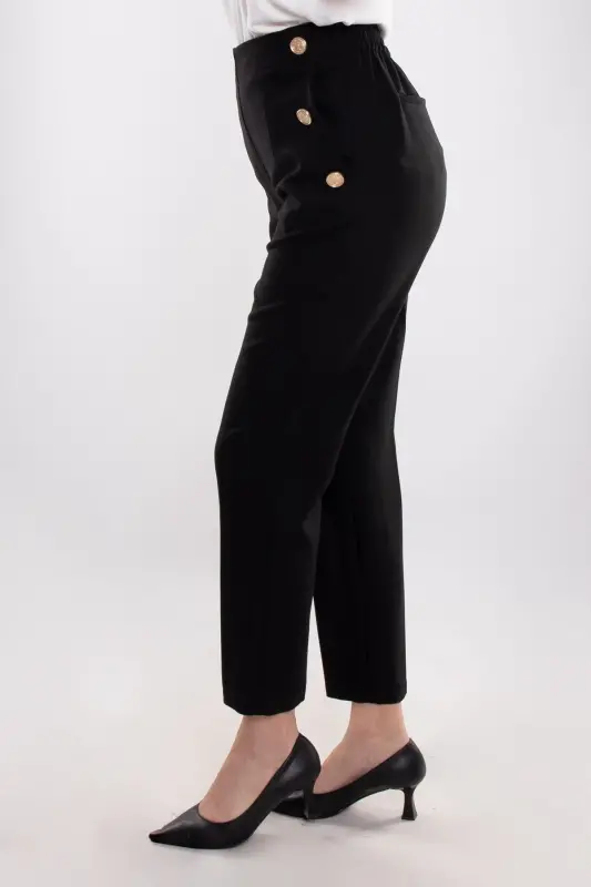 70503 Women's Crepe Pants with Elastic Waist and Gold Buttons - AYHAN