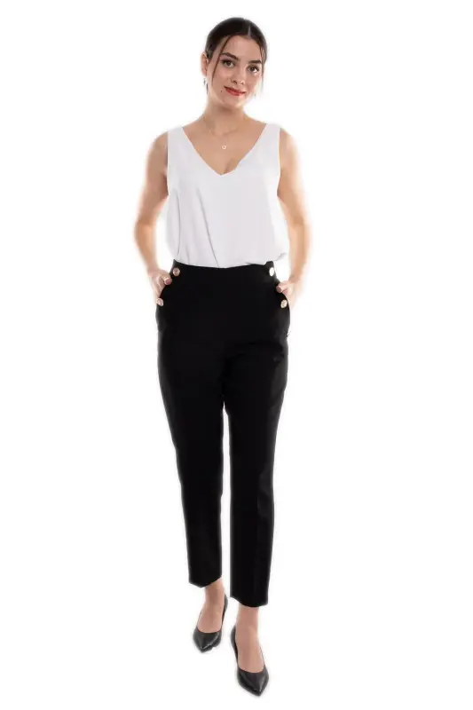 70503 Women's Crepe Pants with Elastic Waist and Gold Buttons - 3