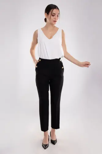 70503 Women's Crepe Pants with Elastic Waist and Gold Buttons - 4