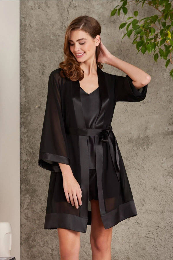 7085 Women's Black Bridal Trousseau Set 4-Piece Satin Robe Nightgown Shorts Set - 29