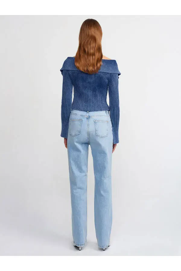 70902 Önü Dikişli Kar Yıkama Denim Pantolon-Mavi - 2