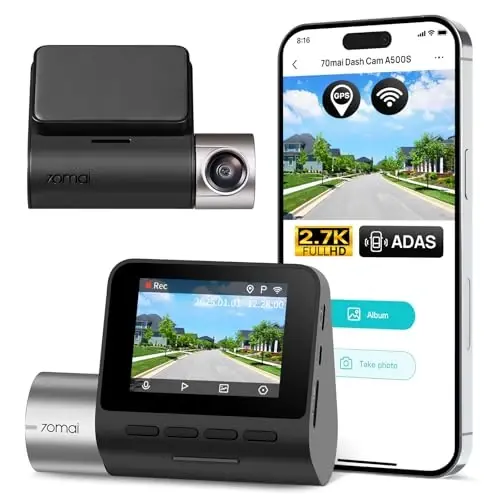 70mai 2.7K Dash Cam Front A500S, 1944P Dash Camera for Cars with Sony IMX335, Dashcam Built-in WiFi GPS, Optional Rear Dashcam, ADAS, 2'' IPS LCD Screen, 24H Parking Mode, WDR, Super Night Vision 