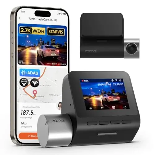 70mai 2.7K Dash Cam Front A500S, 1944P Dash Camera for Cars with Sony IMX335, Dashcam Built-in WiFi GPS, Optional Rear Dashcam, ADAS, 2'' IPS LCD Screen, 24H Parking Mode, WDR, Super Night Vision 