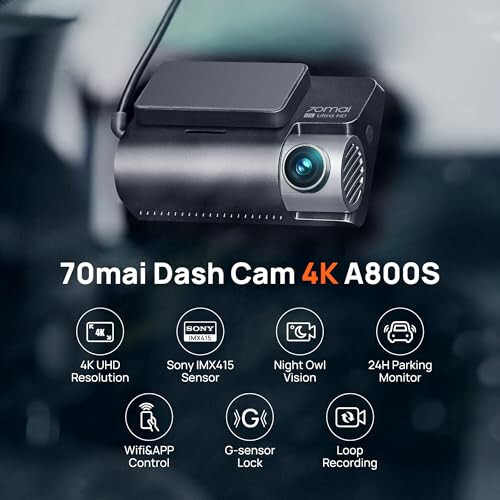 70mai 4K Dash Cam A800S Sony IMX415 sensori bilan, old va orqa kamera, o'rnatilgan GPS, Super tungi ko'rish, 3'' IPS LCD, 24 soatlik to'xtash rejimi, ADAS, tsiklli yozib olish, iOS/Android ilova boshqaruvi - 2