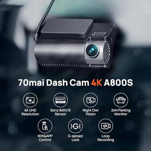 70mai 4K Dash Cam A800S Sony IMX415 sensori bilan, old va orqa kamera, o'rnatilgan GPS, Super tungi ko'rish, 3'' IPS LCD, 24 soatlik to'xtash rejimi, ADAS, tsiklli yozib olish, iOS/Android ilova boshqaruvi - 2