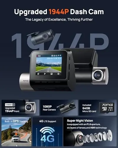 70mai Dash Cam Front and Rear A510,1944P+1080P with STARVIS 2 IMX675 and 64GB Card, Dash Camera for Cars, 4G LTE Support, ADAS, Built-in GPS WiFi, APP Control, HDR, 24H Parking Mode, Loop Recording - 70MAI