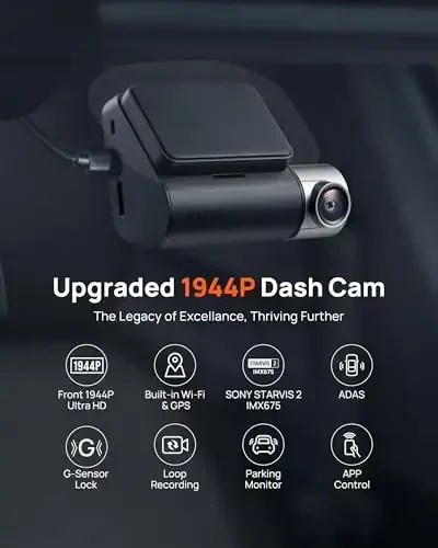 70mai Dash Cam Front and Rear A510,1944P+1080P with STARVIS 2 IMX675 and 64GB Card, Dash Camera for Cars, 4G LTE Support, ADAS, Built-in GPS WiFi, APP Control, HDR, 24H Parking Mode, Loop Recording - 1