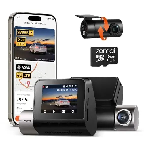 70mai Dash Cam Front and Rear A510,1944P+1080P with STARVIS 2 IMX675 and 64GB Card, Dash Camera for Cars, 4G LTE Support, ADAS, Built-in GPS WiFi, APP Control, HDR, 24H Parking Mode, Loop Recording 
