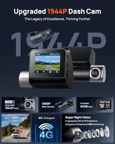 70mai Dash Cam Front and Rear A510,1944P+1080P with STARVIS 2 IMX675 and 64GB Card, Dash Camera for Cars, 4G LTE Support, ADAS, Built-in GPS WiFi, APP Control, HDR, 24H Parking Mode, Loop Recording - 70MAI (1)