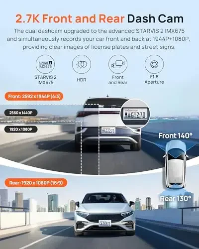 70mai Dash Cam Front and Rear A510,1944P+1080P with STARVIS 2 IMX675 and 64GB Card, Dash Camera for Cars, 4G LTE Support, ADAS, Built-in GPS WiFi, APP Control, HDR, 24H Parking Mode, Loop Recording - 1