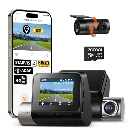 70mai Dash Cam Front and Rear A510,1944P+1080P with STARVIS 2 IMX675 and 64GB Card, Dash Camera for Cars, 4G LTE Support, ADAS, Built-in GPS WiFi, APP Control, HDR, 24H Parking Mode, Loop Recording - 7