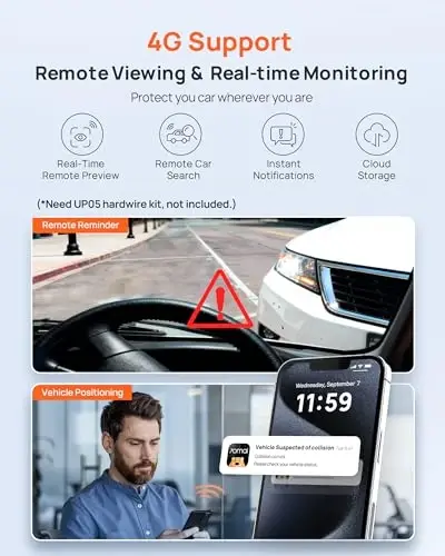 70mai Dash Cam Front and Rear A510,1944P+1080P with STARVIS 2 IMX675 and 64GB Card, Dash Camera for Cars, 4G LTE Support, ADAS, Built-in GPS WiFi, APP Control, HDR, 24H Parking Mode, Loop Recording - 3