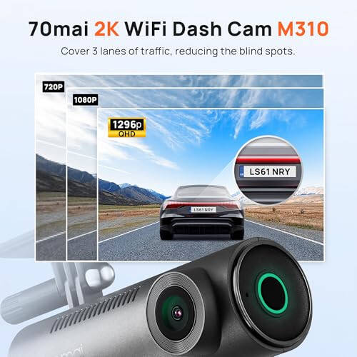 70mai Dash Cam M300, 1296P QHD, Built in WiFi Smart Dash Camera for Cars, 140° Wide-Angle FOV, WDR, Night Vision, iOS/Android Mobile App - 2