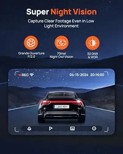 70mai Dash Cam M300, 1296P QHD, Built in WiFi Smart Dash Camera for Cars, 140° Wide-Angle FOV, WDR, Night Vision, iOS/Android Mobile App - 3