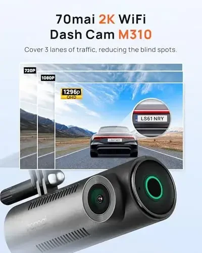 70mai Dash Cam M300, 1296P QHD, Встроенная WiFi Smart Dash Camera для автомобилей, 140° Широкоугольный FOV, WDR, Ночное видение, Мобильное приложение iOS/Android - 2
