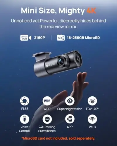 70mai M310 Plus 4K Dash Cam Front with Night Vision, 140° Wide Angle Dash Camera for Cars, WiFi Dashcam with App, Parking Mode, G-Sensor, Loop Recording, Voice Control, Easy Install Car Camera - 70MAI (1)