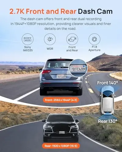 70mai True 2.7K 1944P Ultra Full HD Dash Cam A500S, Front and Rear, Built-in WiFi GPS Smart Dash Camera for Cars, ADAS, Sony IMX335, 2'' IPS LCD Screen, WDR, Night Vision - 3