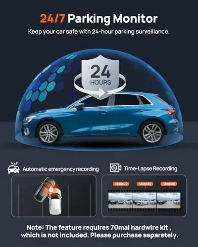 70mai True 2.7K 1944P Ultra Full HD Dash Cam A500S, Oldingi va orqa, O'rnatilgan WiFi GPS Smart Dash Camera avtomashinalar uchun, ADAS, Sony IMX335, 2'' IPS LCD ekran, WDR, Kechasi ko'rish - 1