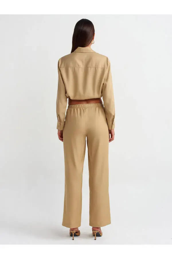71268 Wide Leg Drawstring Special Cut Pants - Camel - 14