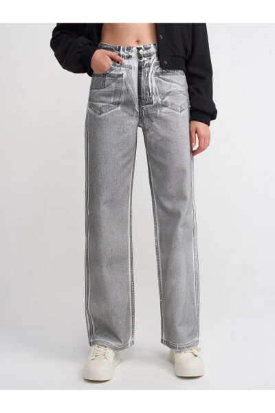 71361 Siyah Varak Baskılı Wideleg Pantolon-Beyaz - 15