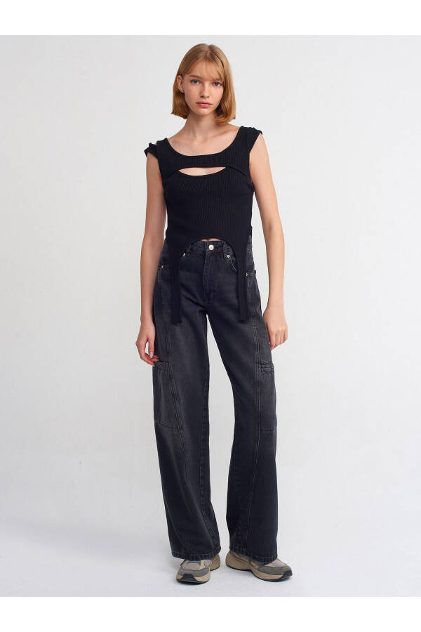 71378 Front Panel Denim Cargo Pants-Black - 5