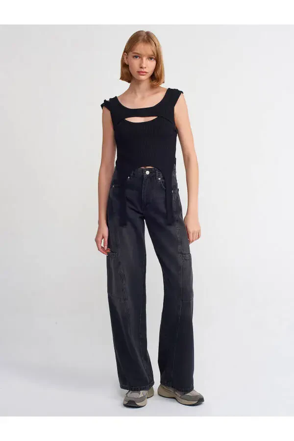 71378 Önü Parçalı Denim Kargo Pantolon-Siyah - 13