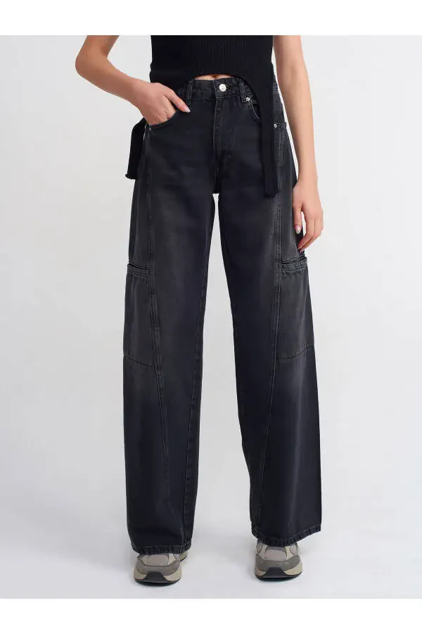 71378 Önü Parçalı Denim Kargo Pantolon-Siyah - 15