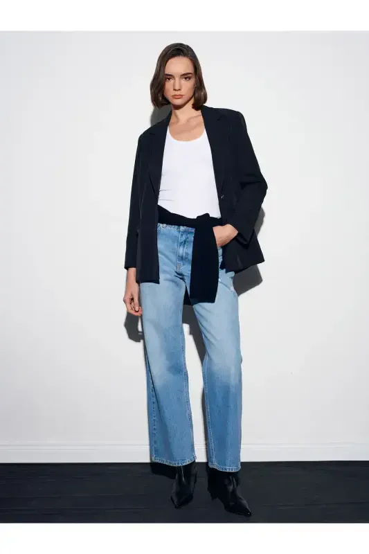 71472 Saat Cebi Kesik Straight Denim Pantolon-Mavi - 1