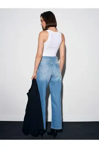 71472 Saat Cebi Kesik Straight Denim Pantolon-Mavi - 2