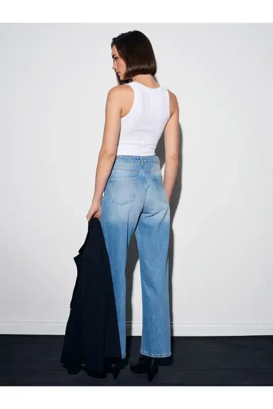 71472 Saat Cebi Kesik Straight Denim Pantolon-Mavi - 2