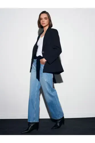 71472 Saat Cebi Kesik Straight Denim Pantolon-Mavi - 3