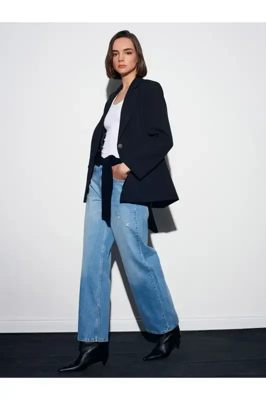 71472 Saat Cebi Kesik Straight Denim Pantolon-Mavi - 3