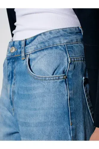 71472 Saat Cebi Kesik Straight Denim Pantolon-Mavi - 4