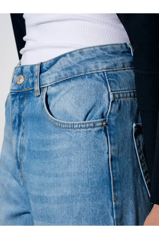 71472 Soat Cho'ntagi Kesilgan To'g'ri Denim Shimim - Ko'k - 4