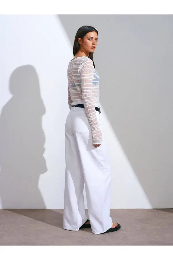 71480 Wide Leg Denim Trousers with Drape - White - 2