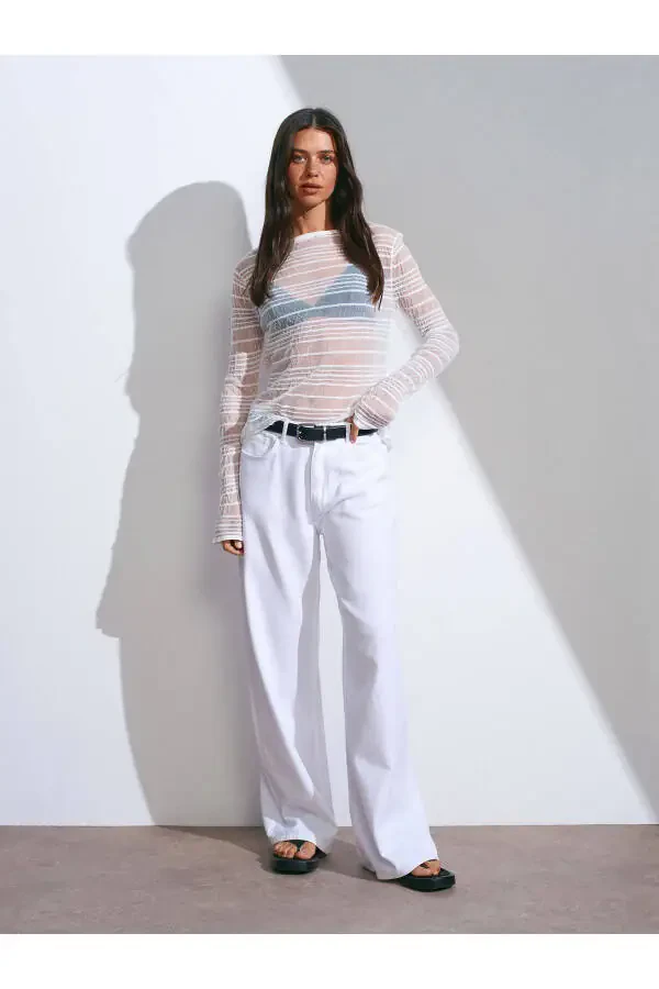 71480 Wide Leg Denim Trousers with Drape - White - 3