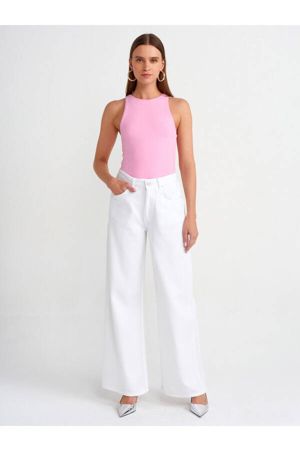 71480 Wide Leg Denim Trousers with Drape - White - 4