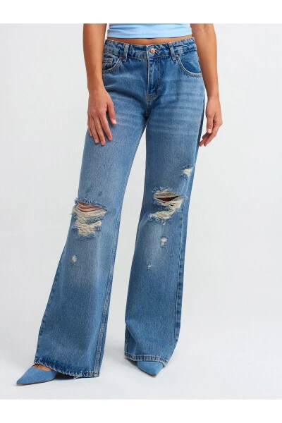 71487 Lazerli Düşük Bel Denim Pantolon-Mavi - 11
