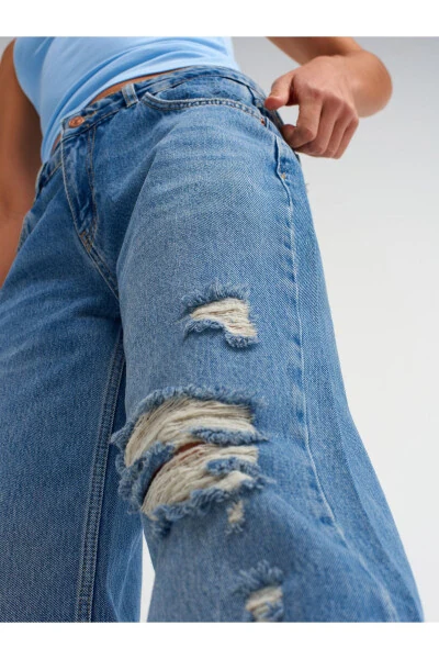 71487 Lazerli Düşük Bel Denim Pantolon-Mavi - 4