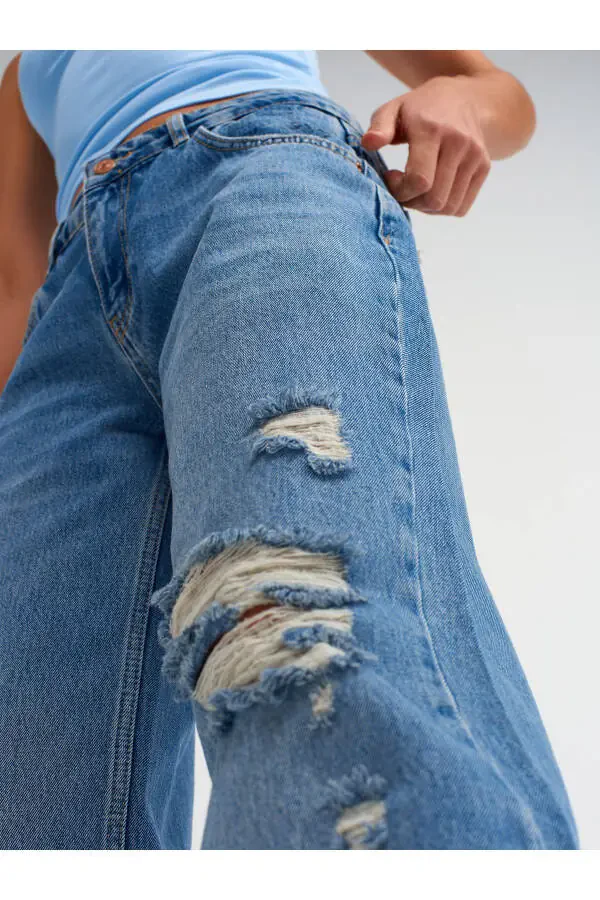 71487 Lazerli Düşük Bel Denim Pantolon-Mavi - 4