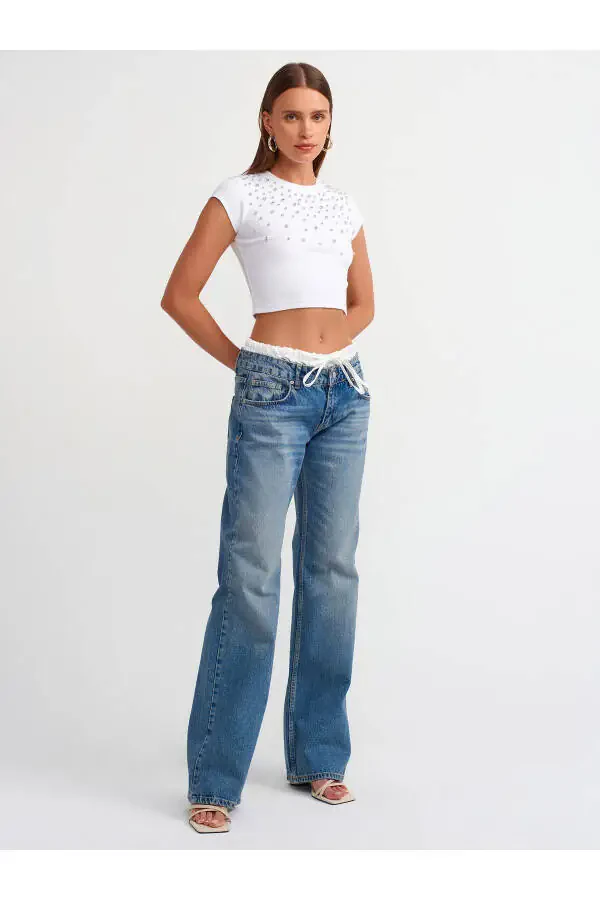 71494 Satin Boxer Detail Denim Pants - Blue - 5