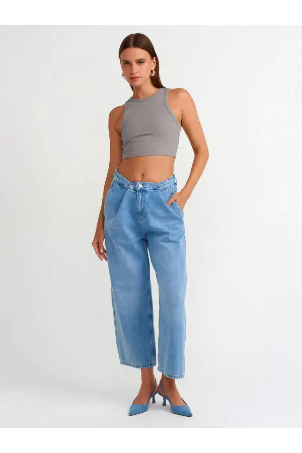 71495 Kemeri Ayarlanabilir Kısa Denim Pantolon-Mavi - 9