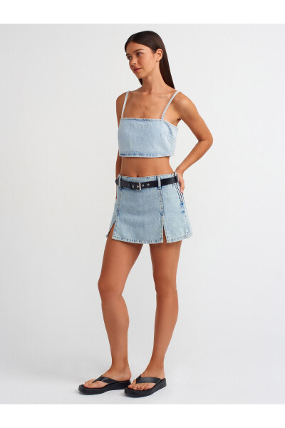 71496 Denim Short Skirt with Front Slit - Blue - 5