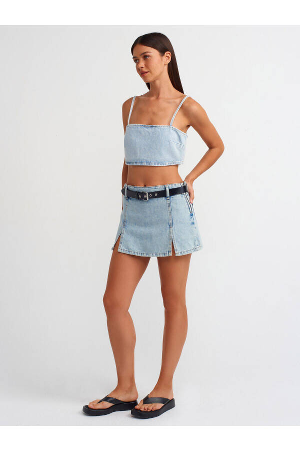 71496 Denim Short Skirt with Front Slit - Blue - 1