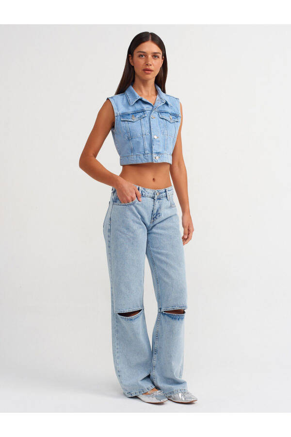 71500 Diz Bölümü Açık Geniş Denim Pantolon-Mavi - Mavi - 1